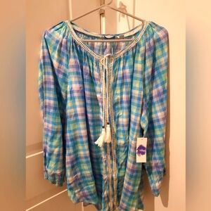 2X plus size turquoise women indigo plaid shirt